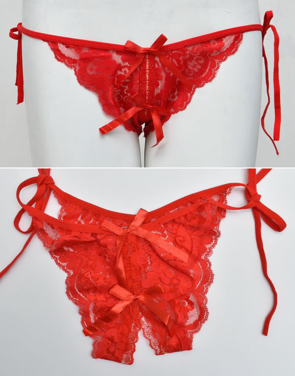 Net Lace Tie Up Thong Panty with Centre Slit
