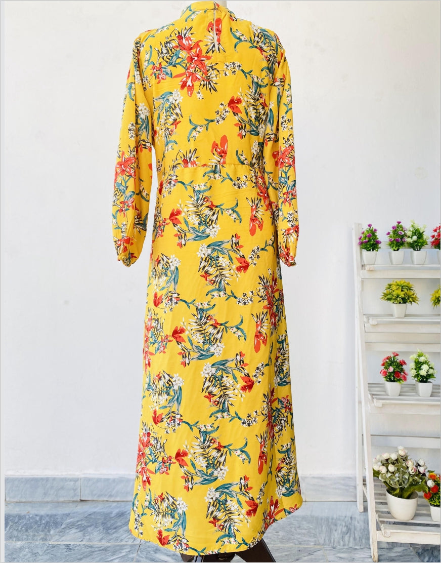 Band Collar Deep Yellow Floral Georgette Maxi