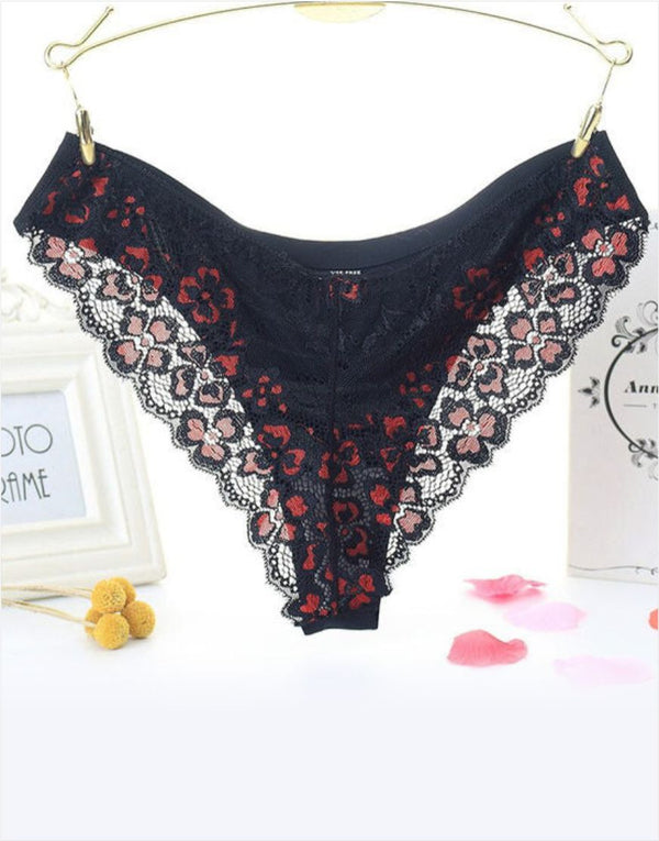 Seamless Embroidered Lace High Quality Soft Thong Panty Black