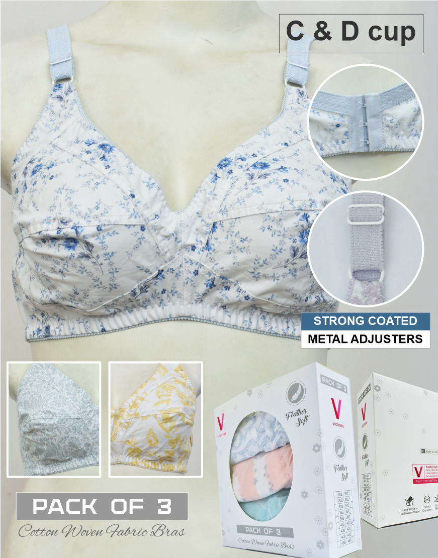 Pack of 3 Random Prints Cotton Woven Fabric Bras FN130 (Non-Padded, Non Wired)