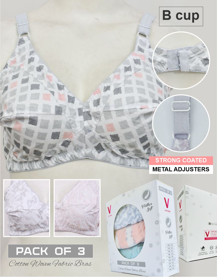 Pack of 3 Random Prints Cotton Woven Fabric Bras FN151 (Non-Padded, Non Wired)