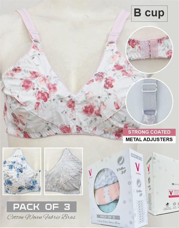 Pack of 3 Random Prints Cotton Woven Fabric Bras FN161 (Non-Padded, Non Wired)