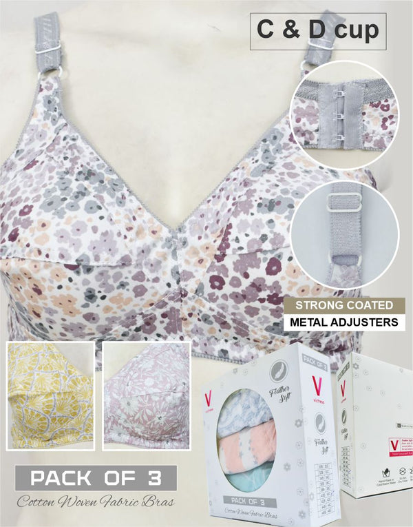 Pack of 3 Random Prints Woven Fabric Bras FN165 (Non-Padded, Non Wired)