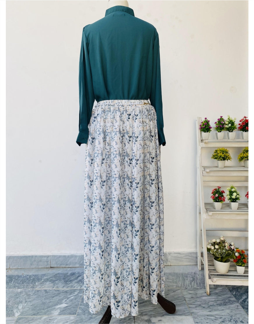 Green Shirt and Floral Print Skirt with Lining (Chain Belt included)