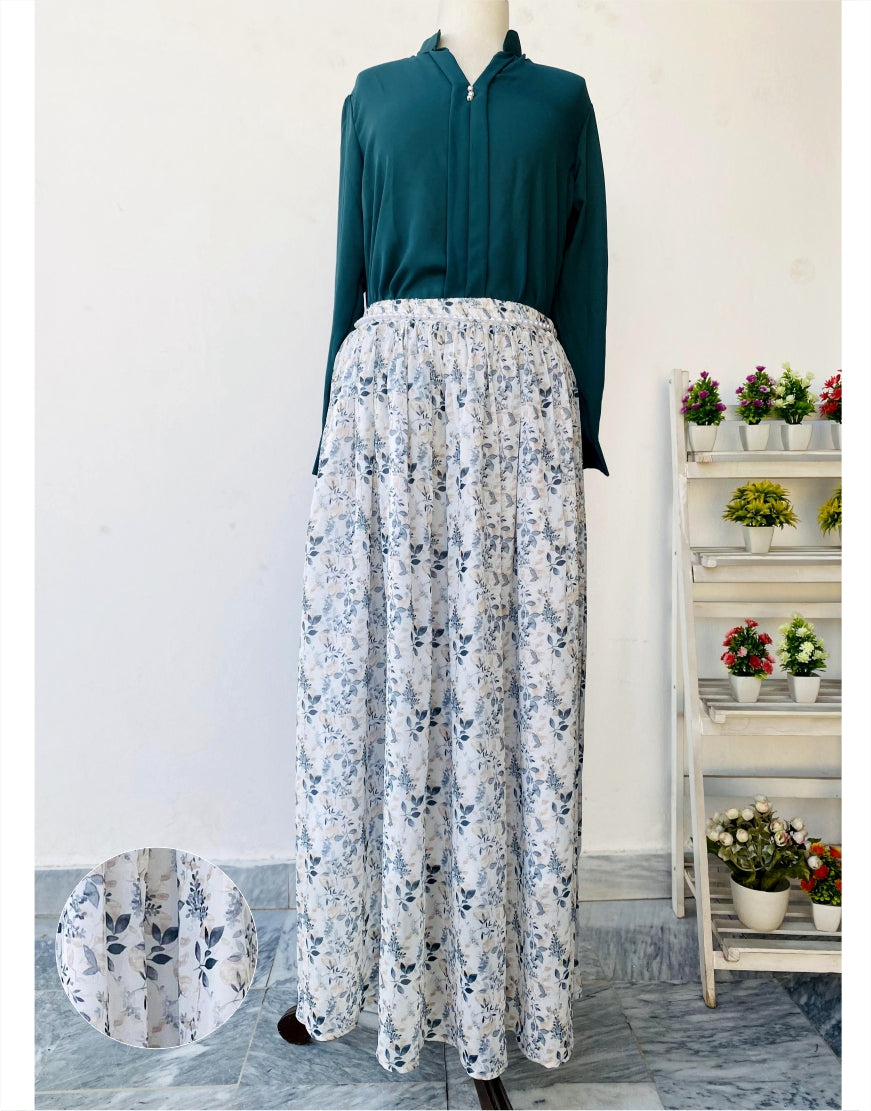 Green Shirt and Floral Print Skirt with Lining (Chain Belt included)