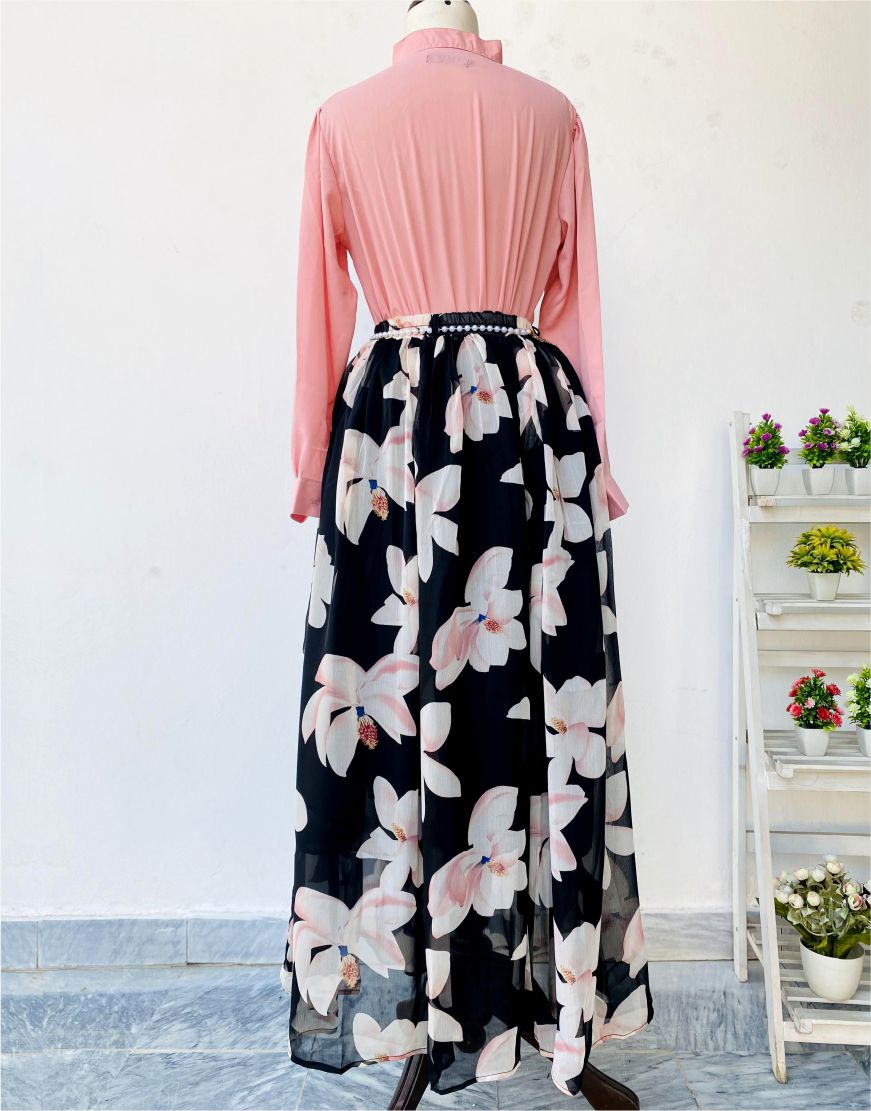 Pink Shirt and Floral Print Skirt with Lining (Chain Belt included)