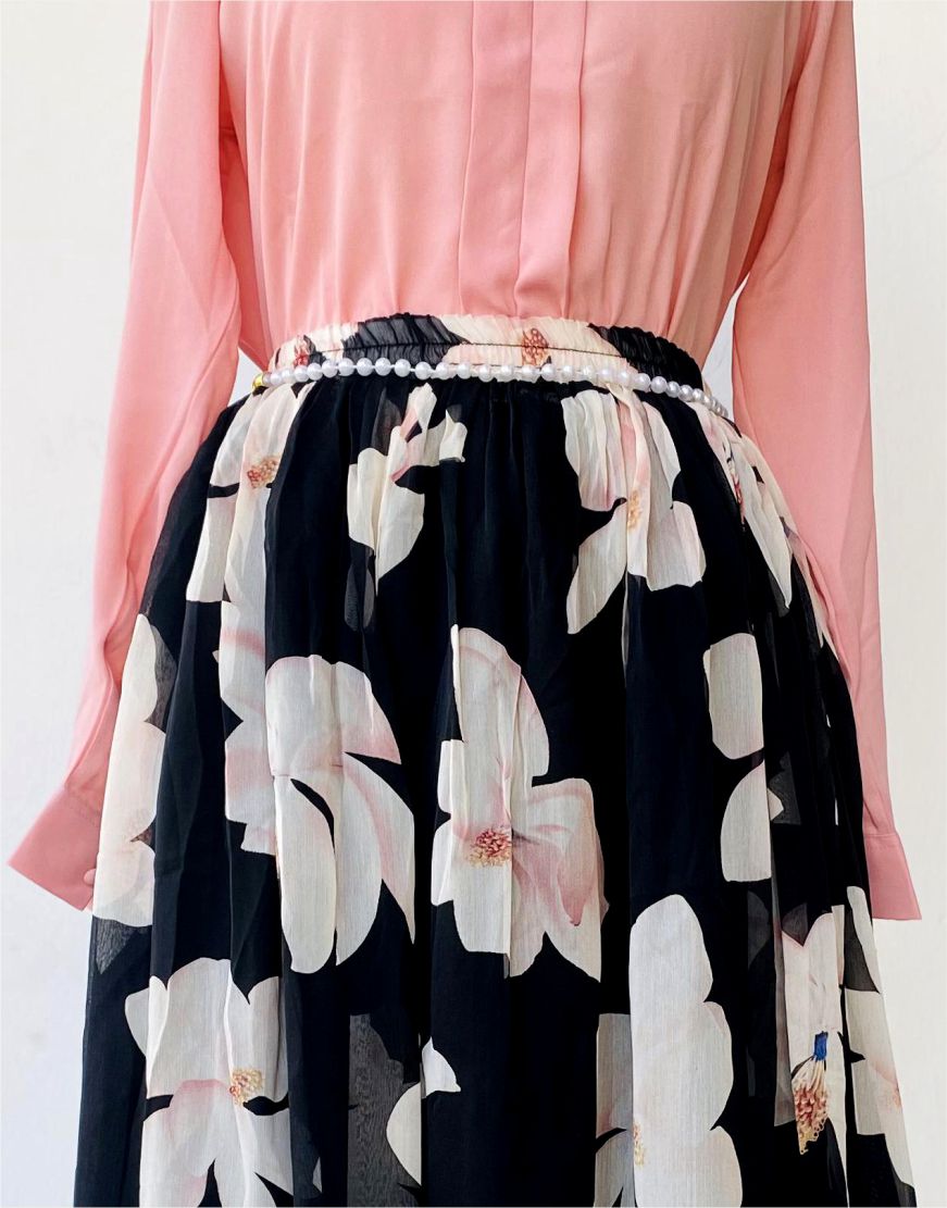 Pink Shirt and Floral Print Skirt with Lining (Chain Belt included)
