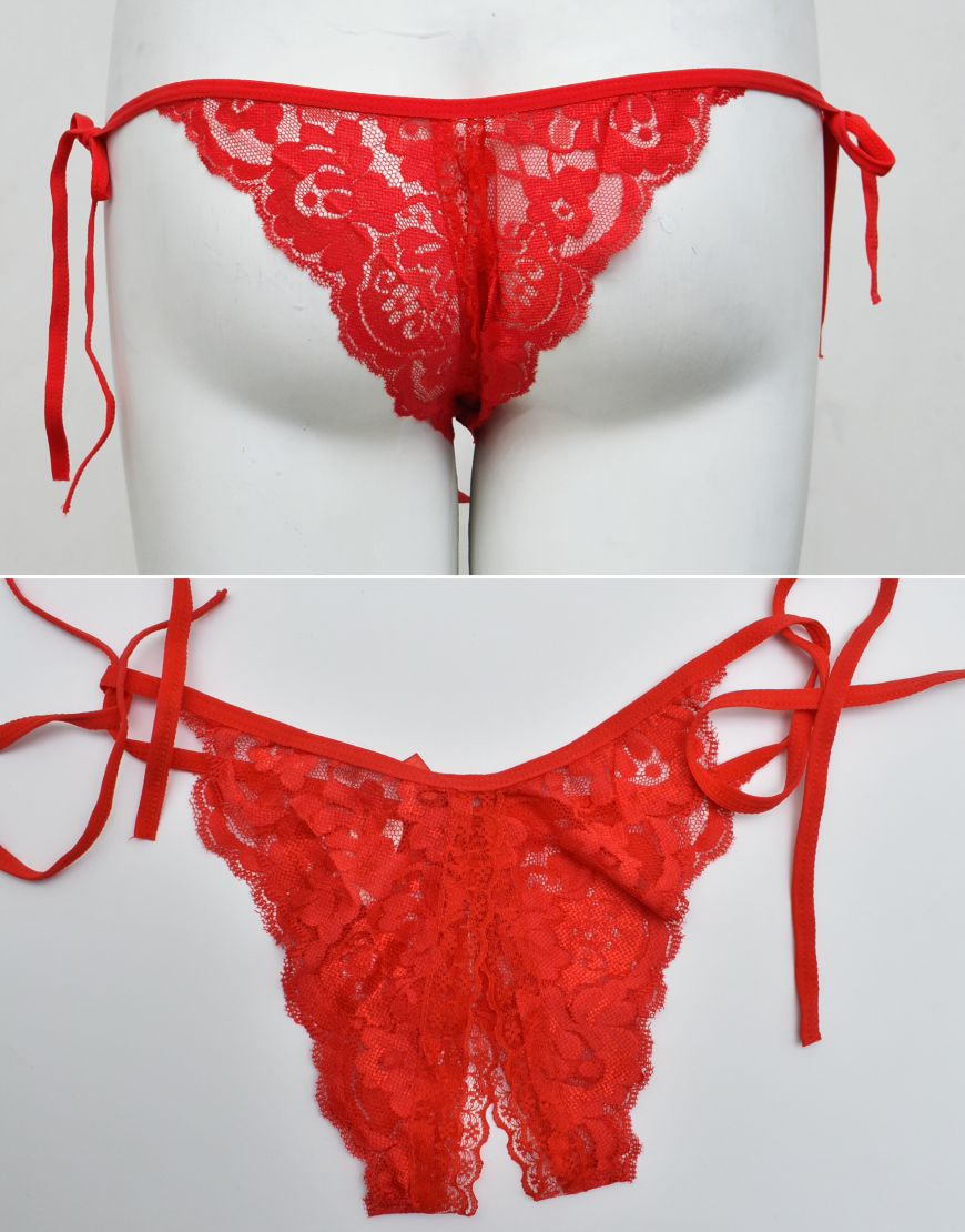 Net Lace Tie Up Thong Panty with Centre Slit –